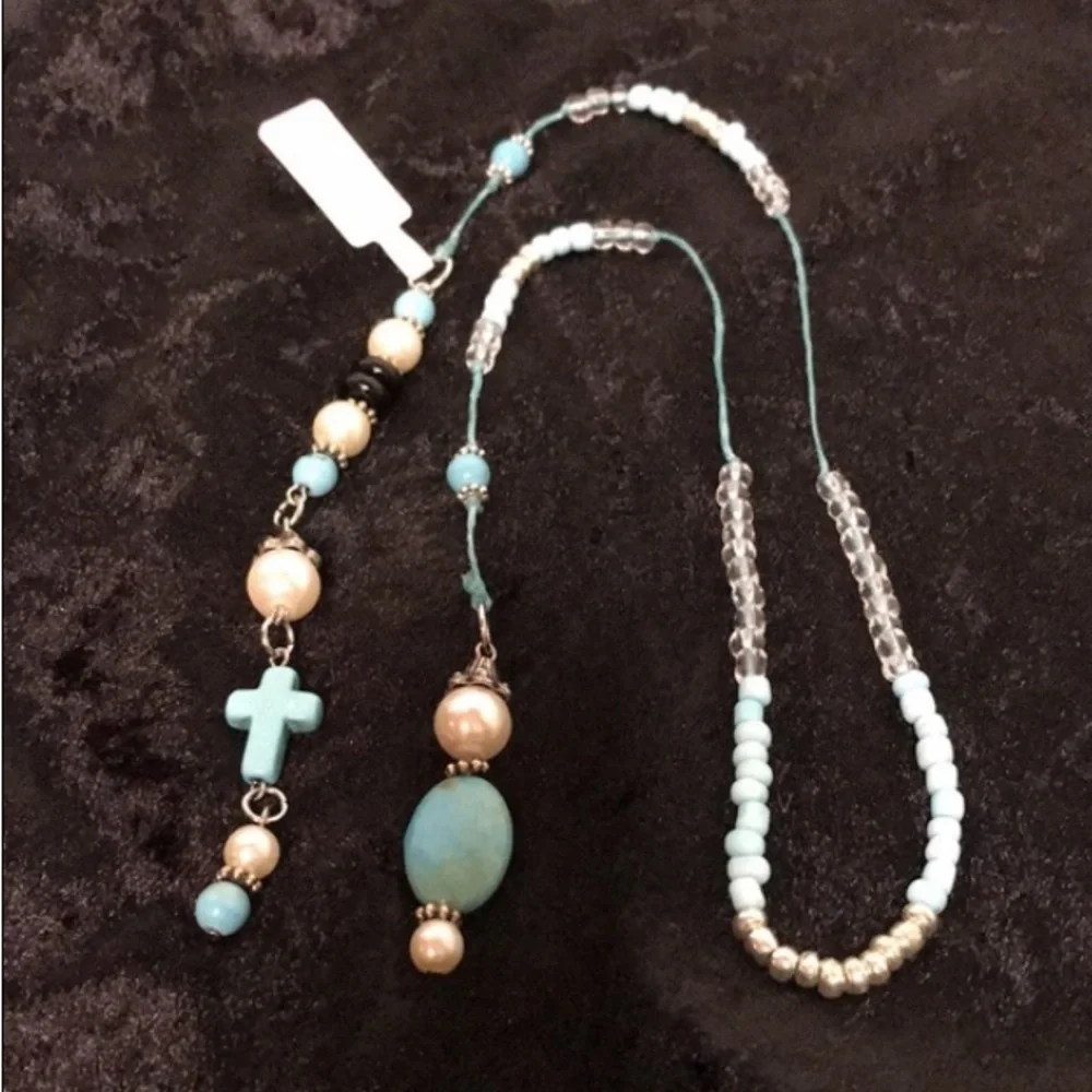 ECCENTRIC HANDCRAFTED Turquoise Blue Gemstone Beaded Bookmark w/Turquoise Cross